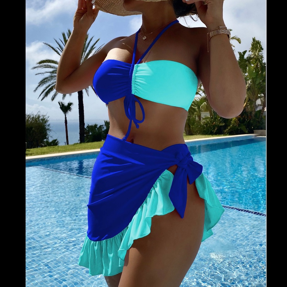 Colorblock three pieces swimsuit set blue sep sale